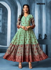 WK586 - Green and Brown hued printed floral anarkali Kurti