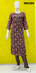 WK589 - Floral Printed Brown Muslin cotton Kurti Set