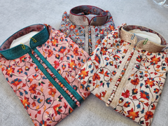 MK410 - Peach and peacock blue Pashmina printed cotton Kurta pajama set