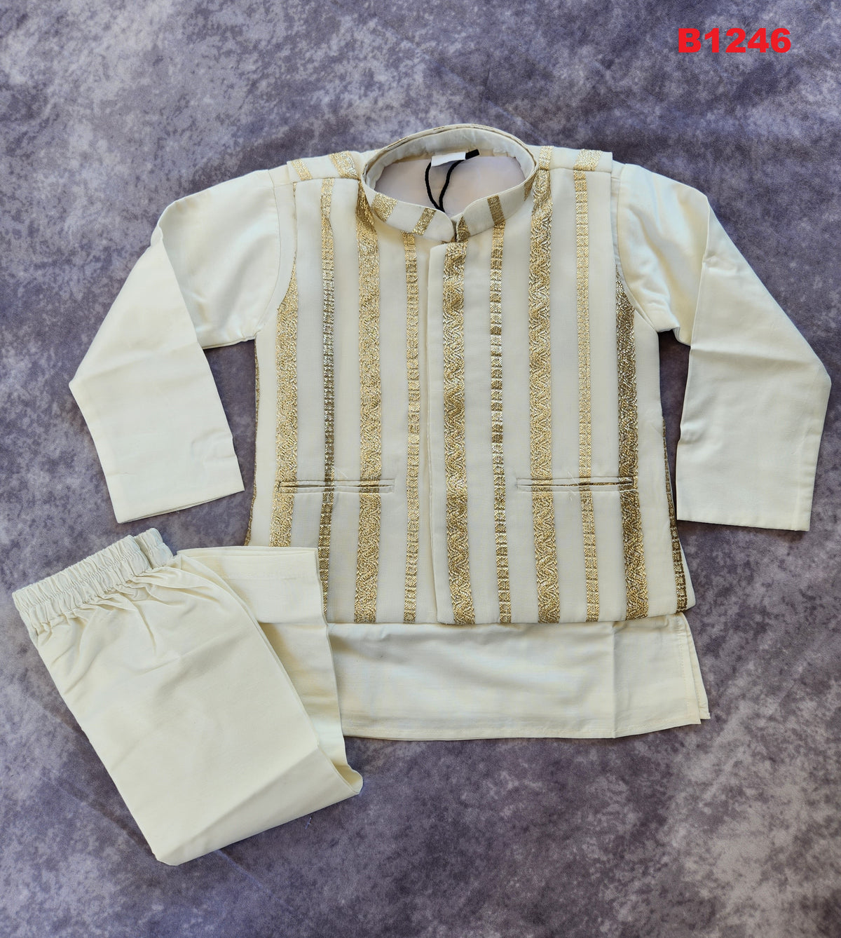 B1246 - White Kurta set with zari striped waistcoat set