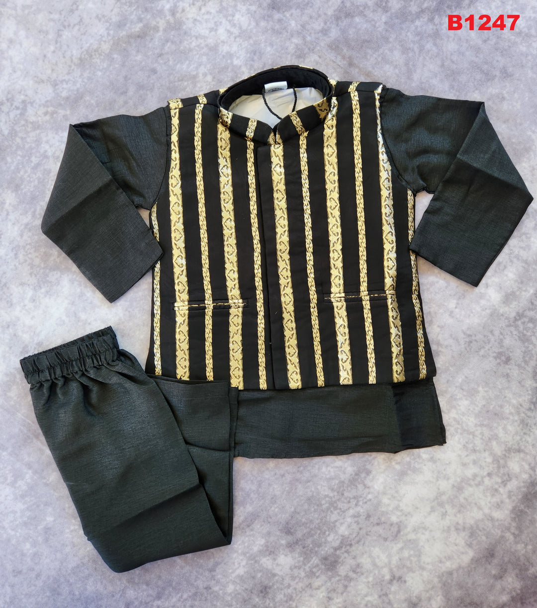 B1247 - Black Kurta set with zari striped waistcoat set