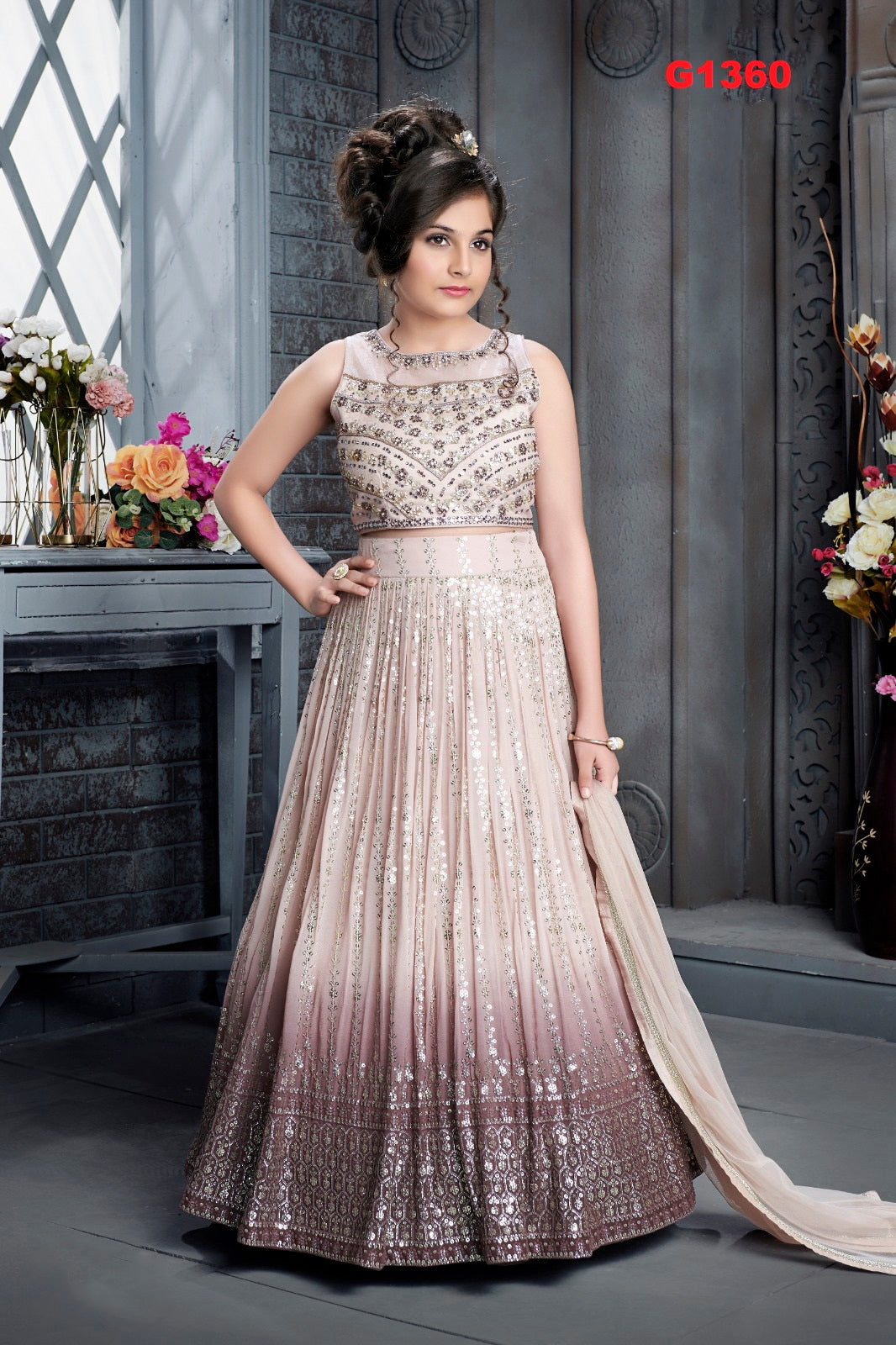 G1360 - Dual Shaded Beige and Brown Sequence Partywear Lehenga