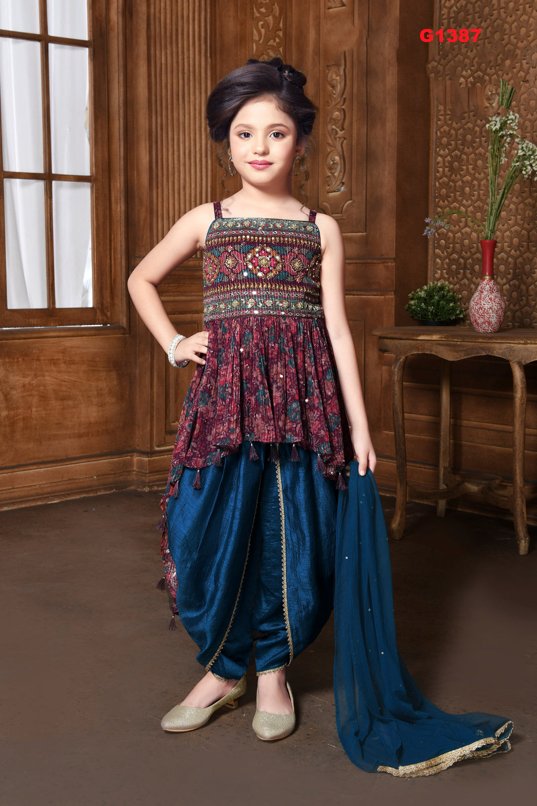 G1387 - Peacock blue and Maroon High low Dhoti Set