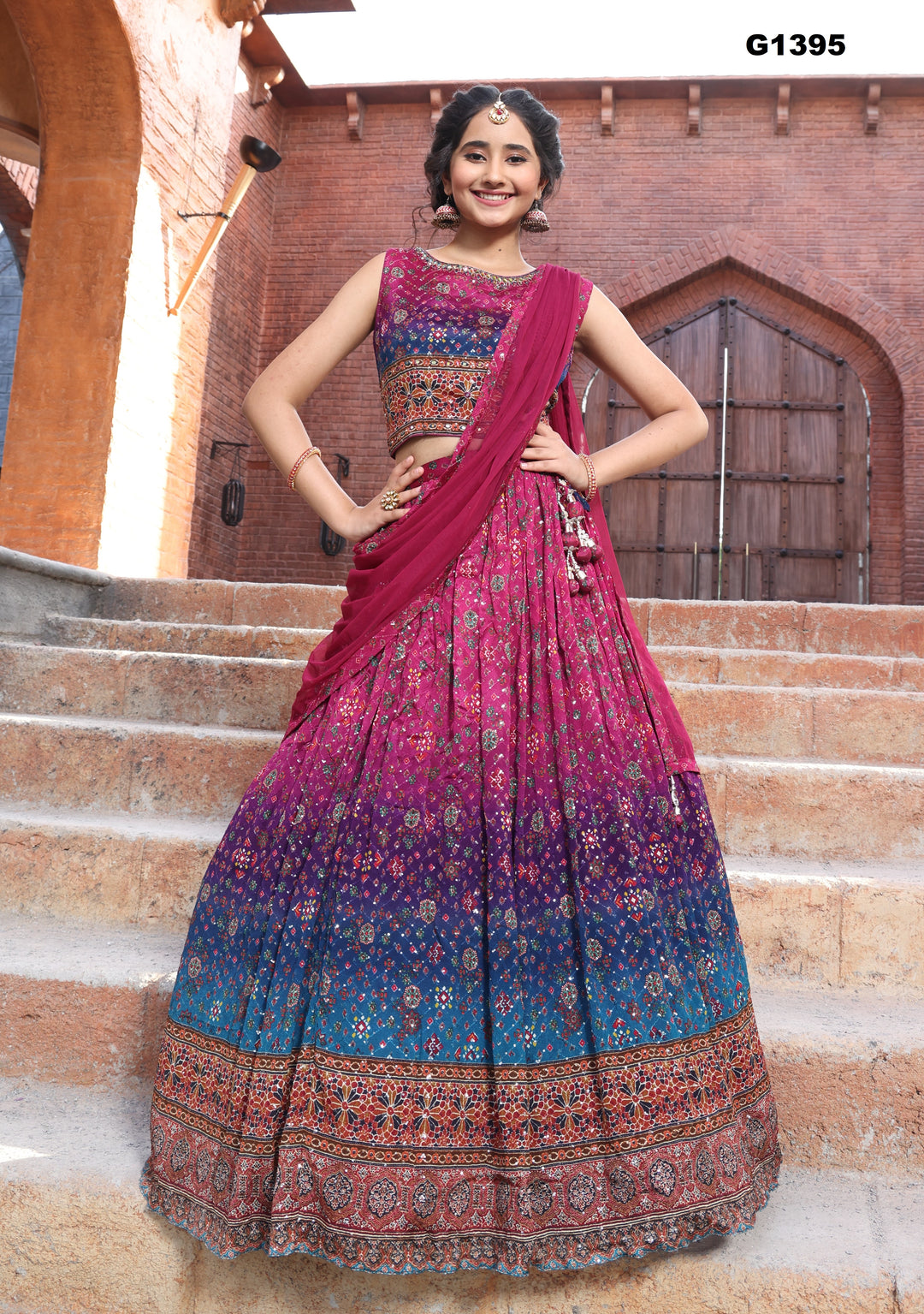 G1395 - Bright Purple and Pink Shaded Partywear Lehenga Set