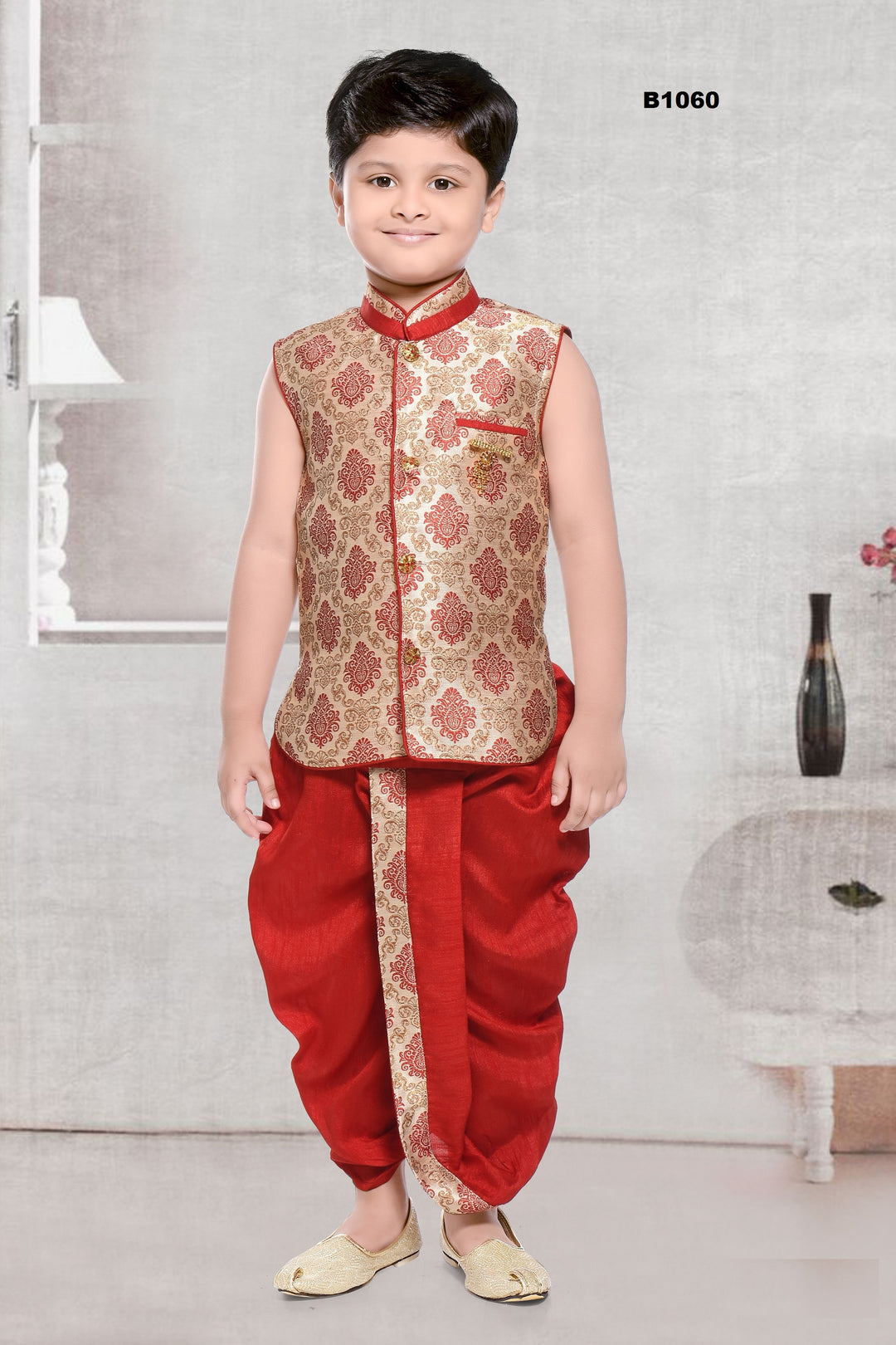 B1060 - Sleeveless Shiny red Kids Ethnic Party wear Dothi Kurtha