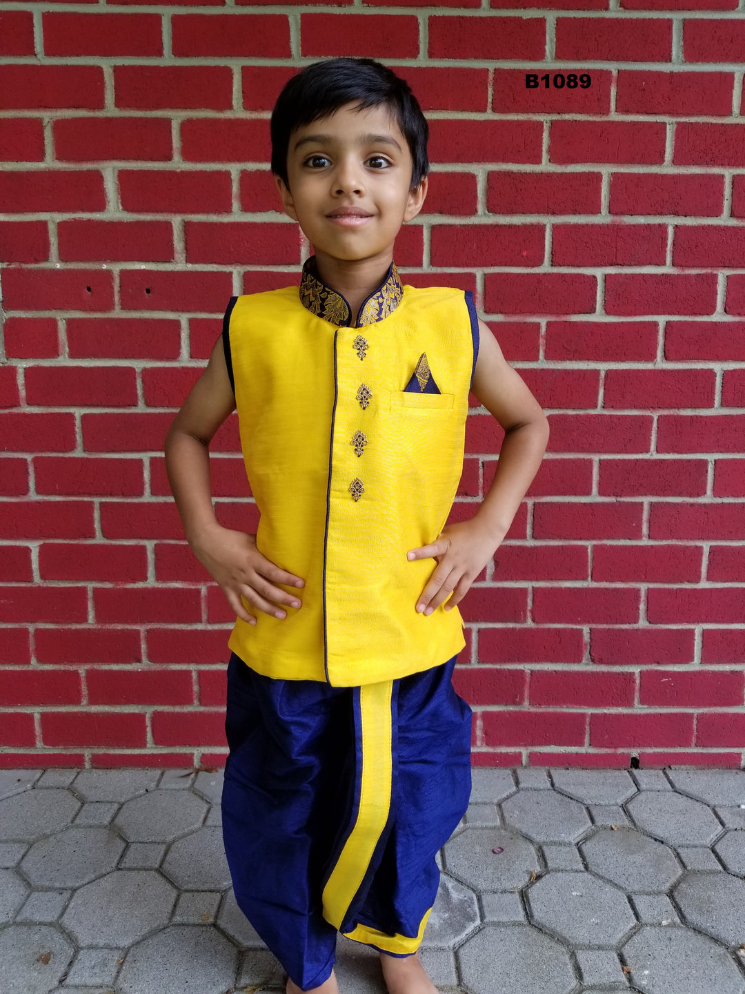 B1089 - Bright Yellow & Blue Readymade Children Dhoti Kurta Dress
