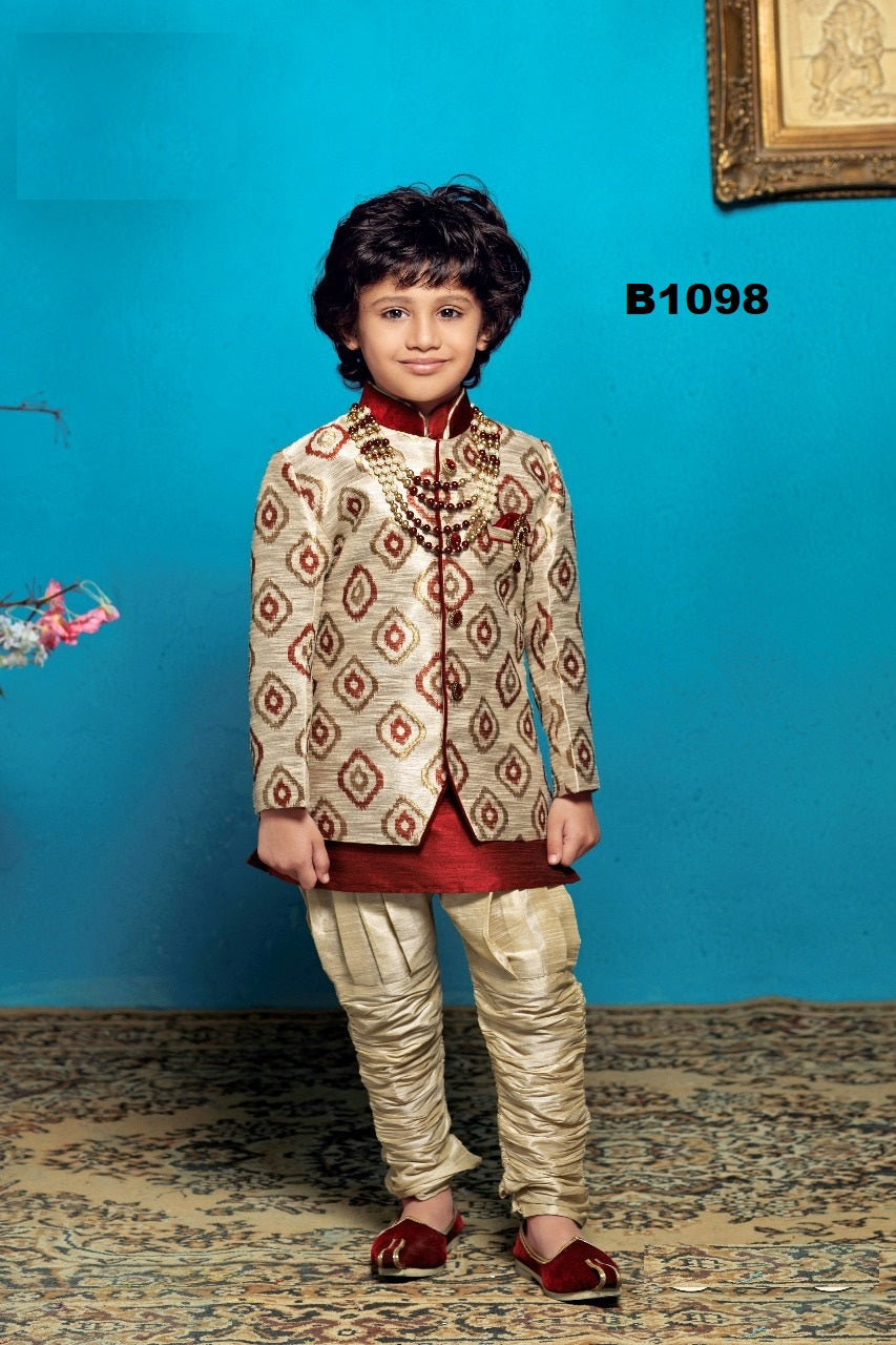 B1098 - Fancy Jodhpuri Style Maroon Gold Kurta Pajama w/ Jacket