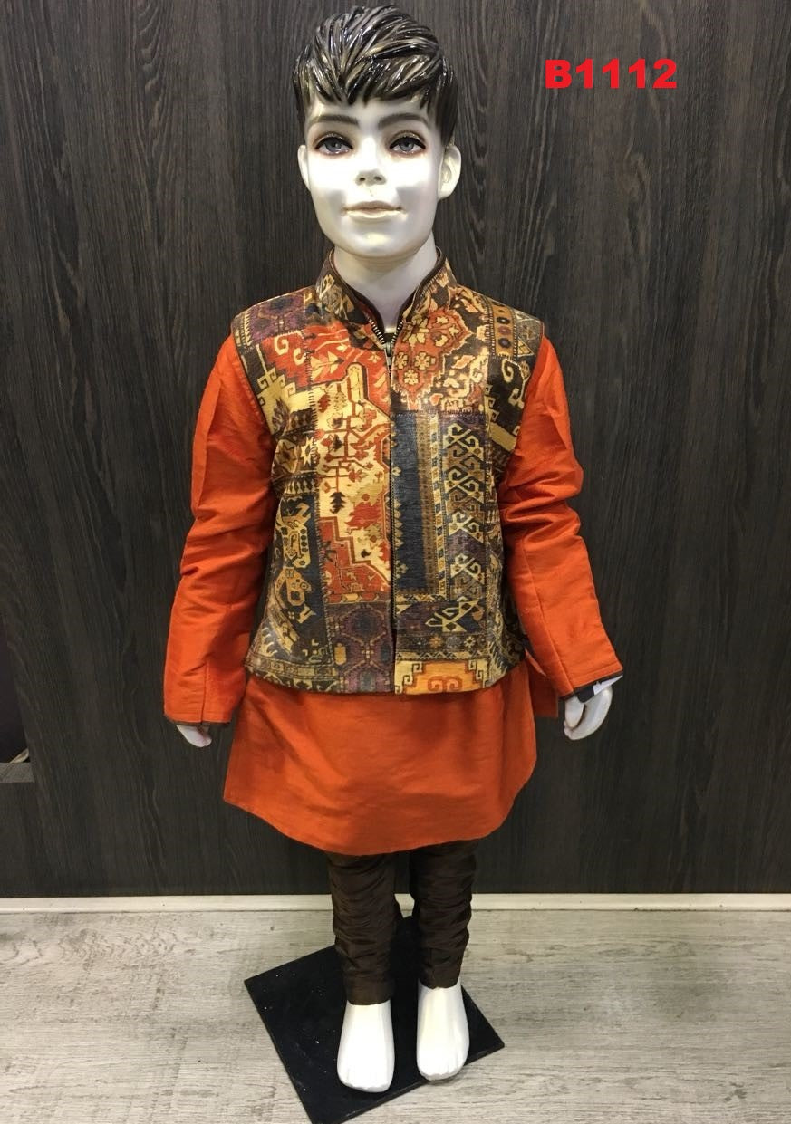 B1112 - Boys Digital Printed orange waist coat set