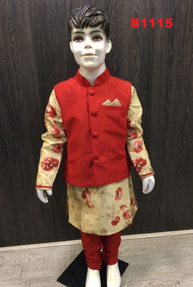 B1115 - Boys Plain red waist coat with a silk floral design Kurta set