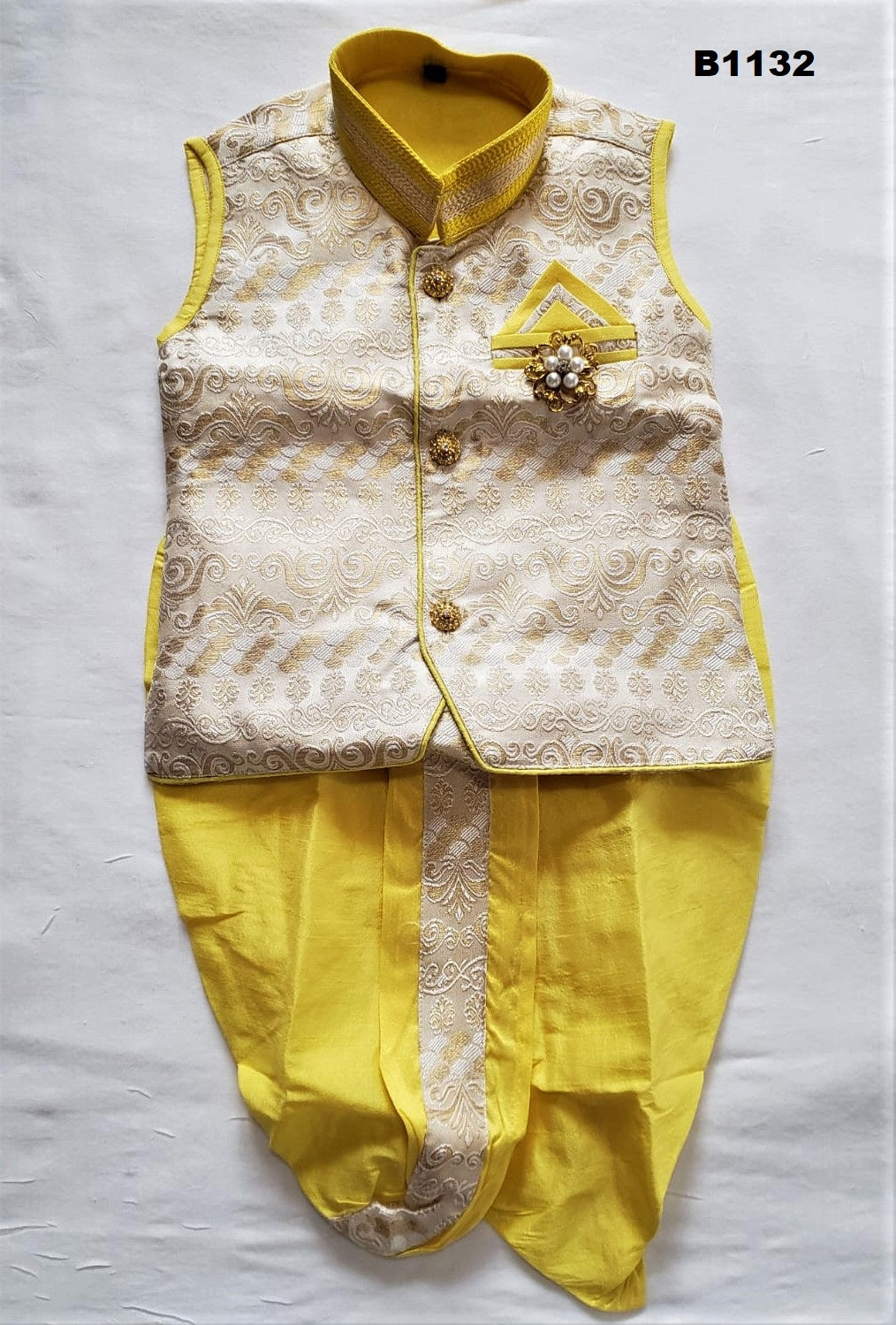 B1132 - Boys Yellow & off white Dhoti Kurta Set