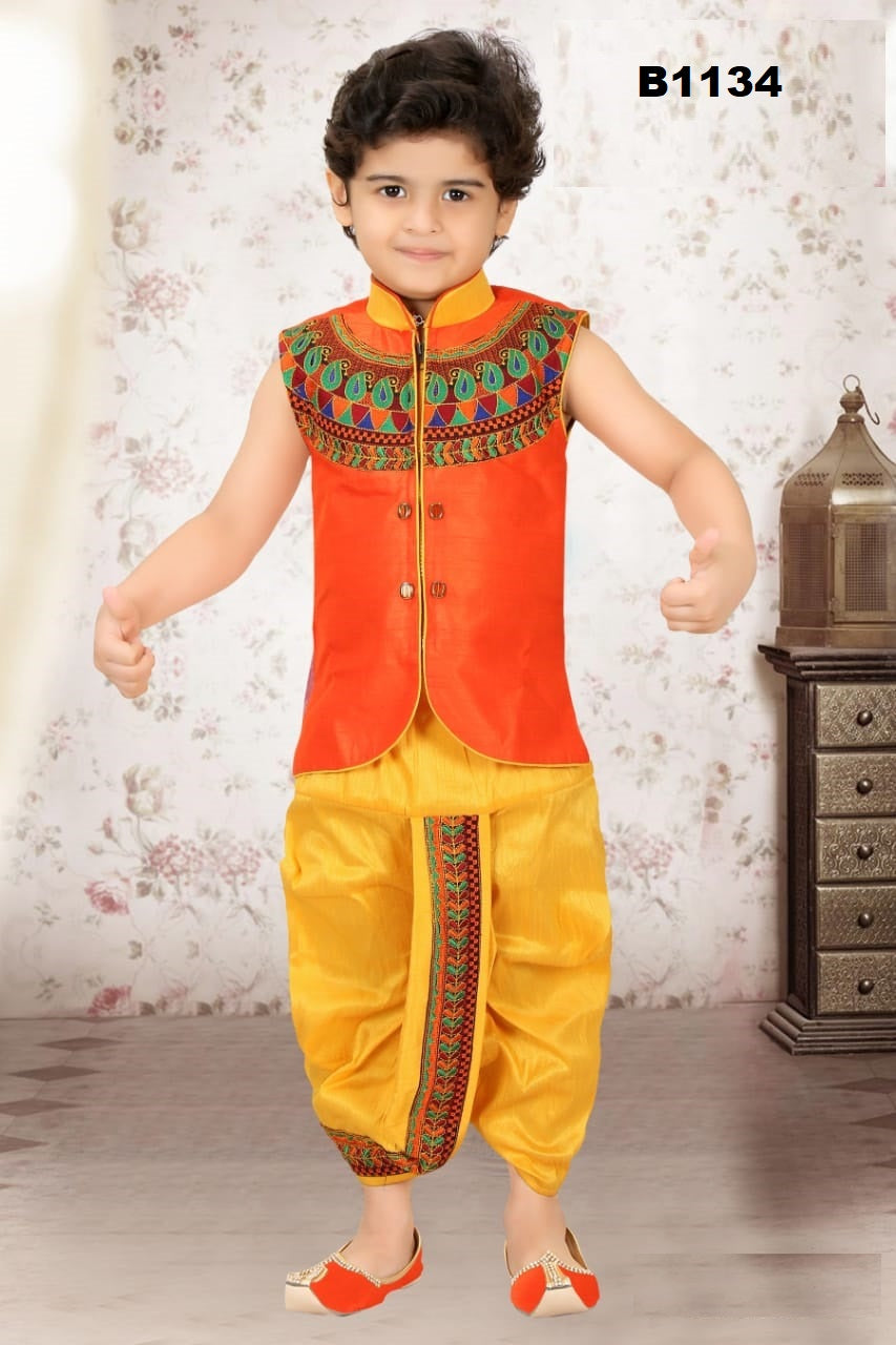 B1134 - Boys Embroidered Orange & Yellow Dothi Kurta set