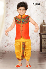 B1134 - Boys Embroidered Orange & Yellow Dothi Kurta set
