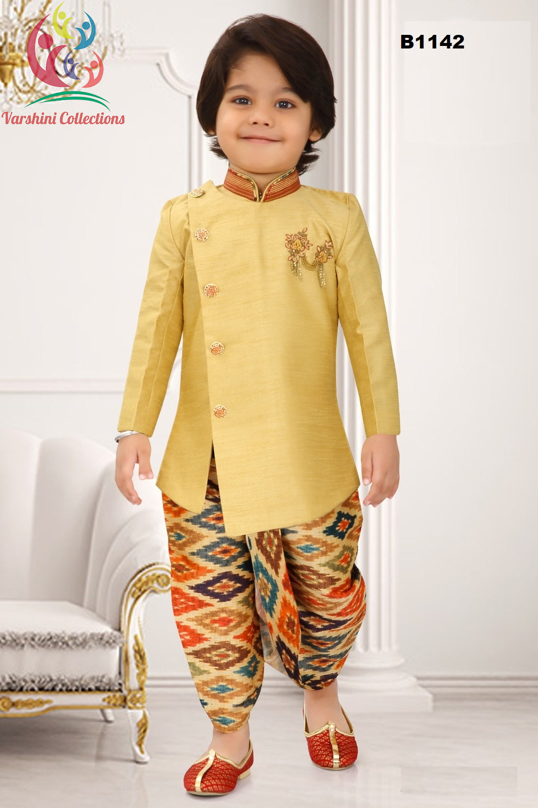 B1142 - Golden Yellow Jodhpuri Suit w/ Ikkat Printed Dothi