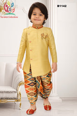 B1142 - Golden Yellow Jodhpuri Suit w/ Ikkat Printed Dothi