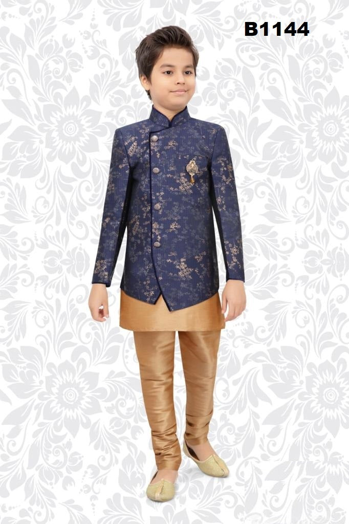 B1144 - Indowestern Boys Gold and Blue Jodhpuri jacket Set
