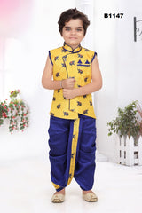 B1147 - Yellow and Blue Sleeveless Dhoti Kurta set with elephant print