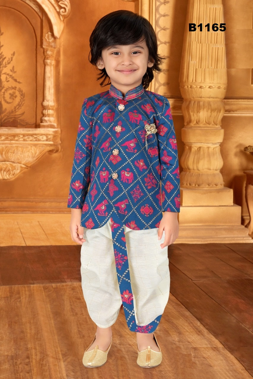 B1165 - Peacock Blue hued Silk Kurta with Animal Weave paired with a gold checkered OffWhite Dhoti