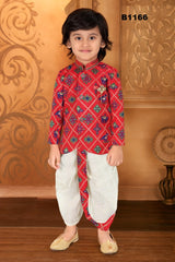 B1166 - Red hued Silk Kurta with Animal Weave paired with a gold checkered OffWhite Dhoti