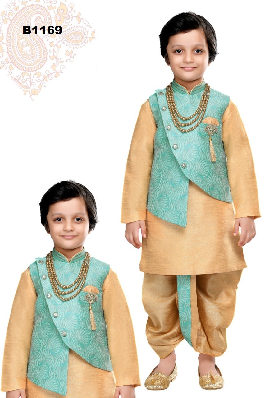 B1169 - Traditional Gold Kurta Dhoti set paired with a light blue waist coat