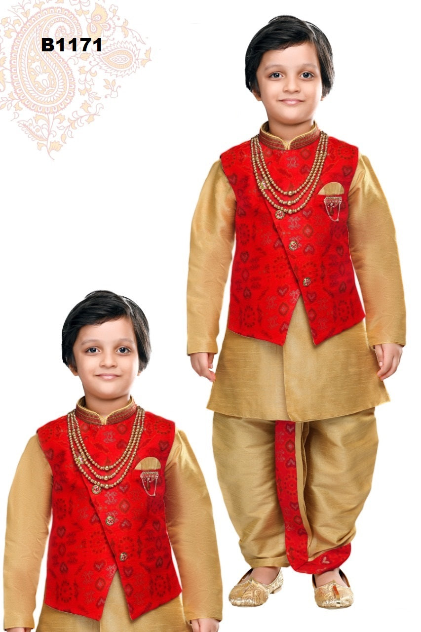 B1171 - Traditional Gold Kurta Dhoti set paired with a Red waist coat
