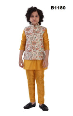 B1180 - Mustard yellow Kurta pajama set paired with offwhite floral printed vest