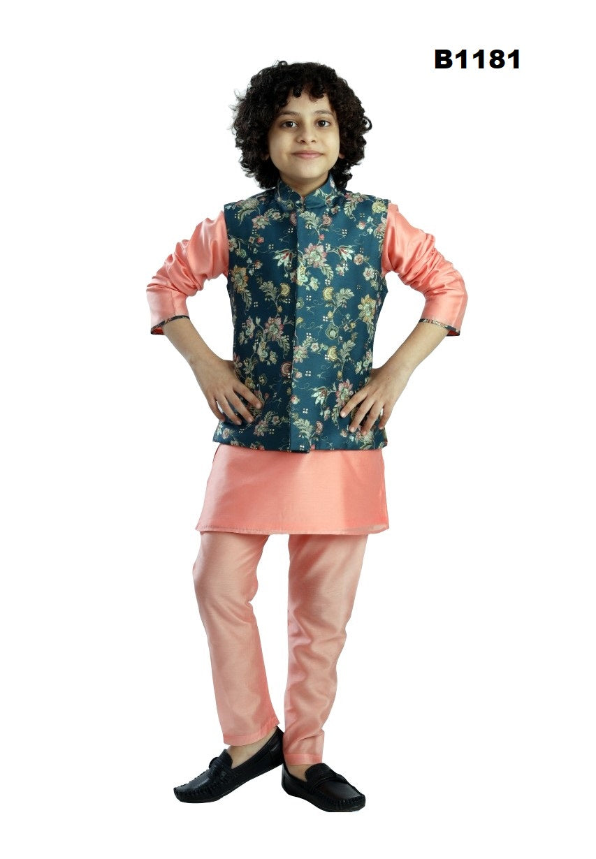 B1181 - Boys Digital printed Floral light pink and blue waist coat set