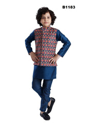 B1183 - patola style cotton Silk waist coat set with solid bluw kurta pajama
