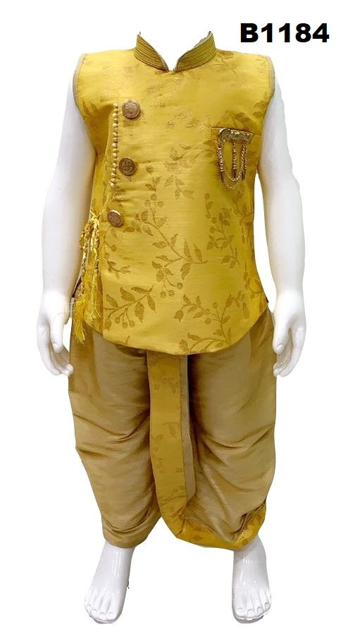 B1184 - Golden yellow brocade sleeveless Kurta Dhoti set