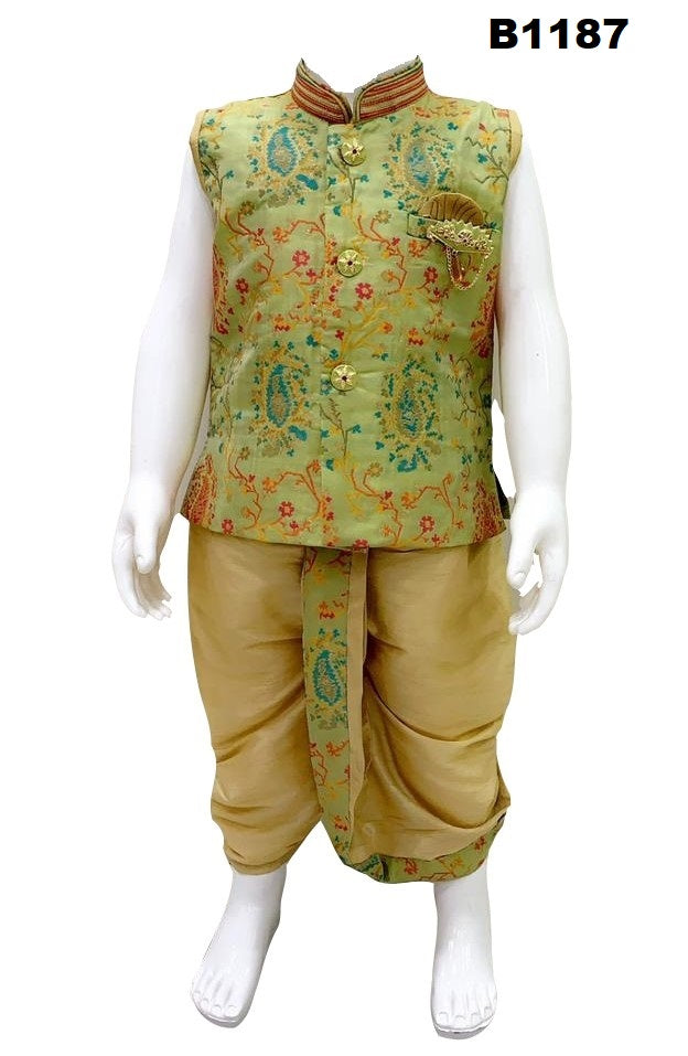 B1187 - Light Green hued traditional Benarasi Silk Sleeveless Kurta dhoti set