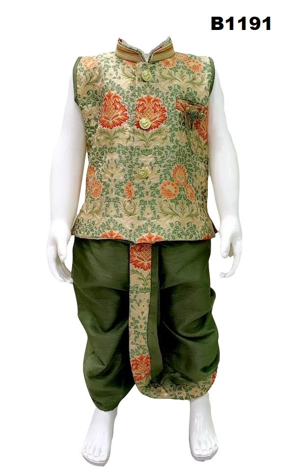 B1191 - Green hued Floral Brocade Silk slevess Kurta dhoti set
