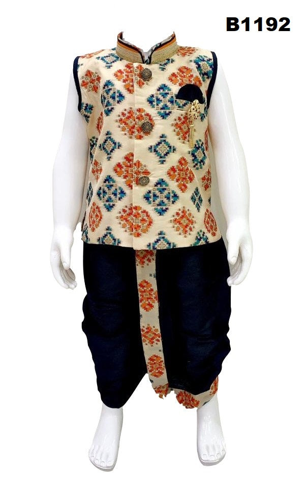 B1192 -  Benarasi Silk ikkat weave offwhite Sleeveless Dhoti Kurta Set