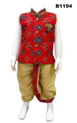 B1194 - Benarasi Silk ikkat weave Red Sleeveless Dhoti Kurta Set