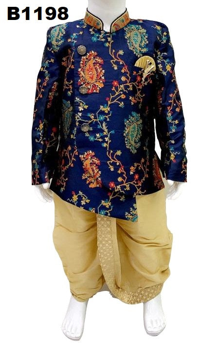 B1198 - Partywear indowestern Style Royal blue Benarasi silk Sherwani dhoti set