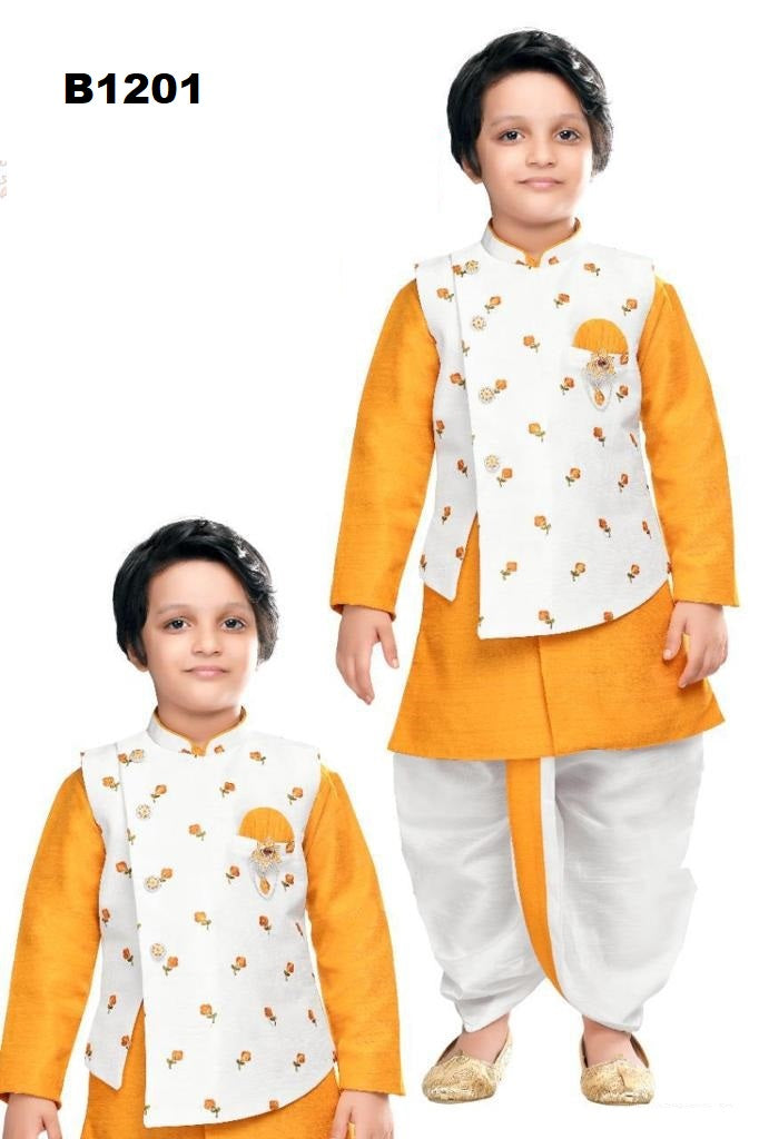 B1201 - Turmeric yellow Kurta paired with a White Dhoti and Embroidered floral butti Sleveless Jacket