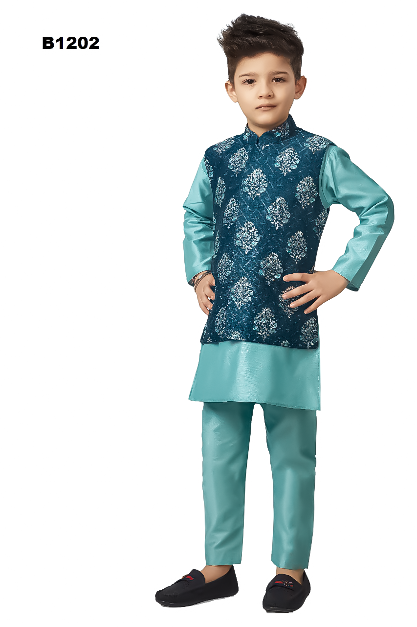 B1202 - Jaipuri print cotton silk waist coat set with solid blue kurta pajama set