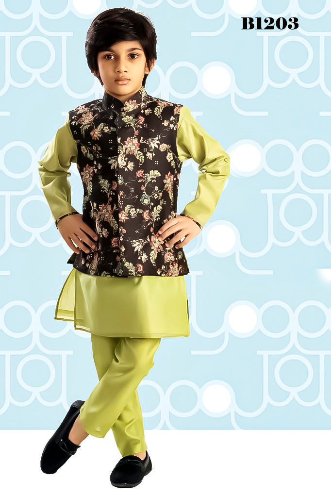 B1203 - Boys Floral printed Brown waist coat set with green  kurta pajama