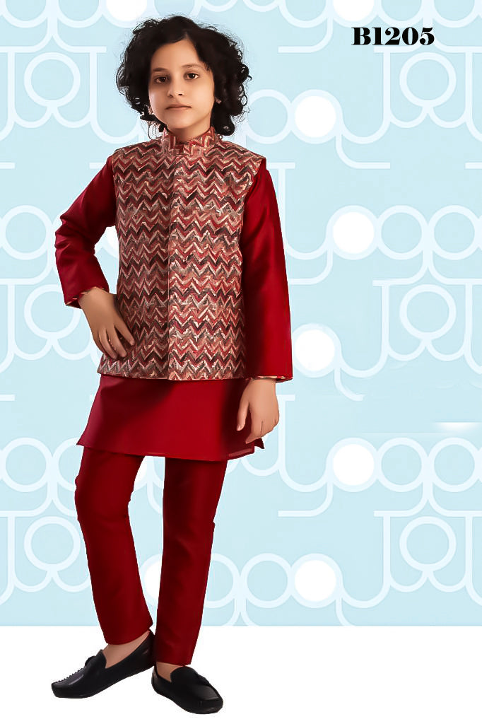 B1205 - Solid Bright maroon silk kurta pajama with embroidered chevron design waist coat set