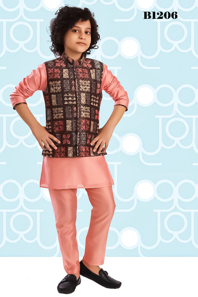 B1206 - Pastel pink solid color kurta pajama set paired with textured milti color waist coat