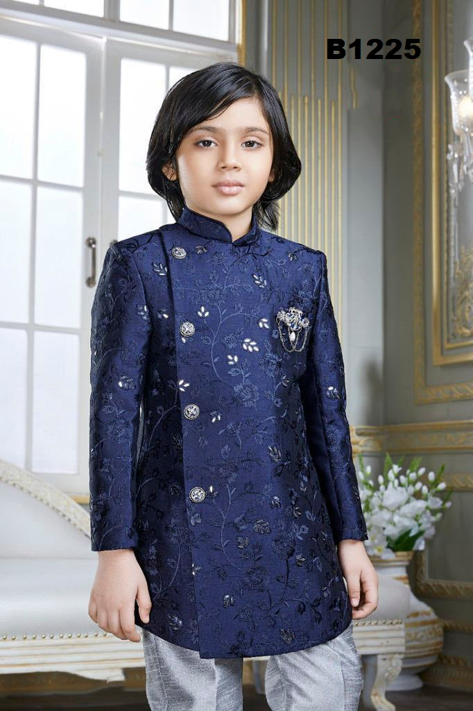 B1225 - A solid Navyblue and Silver indowestern Sherwani Set for Boys