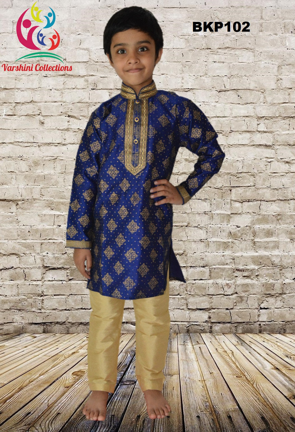 BKP102 - Royal Blue Silk Kurta Pajama with Gold printed design