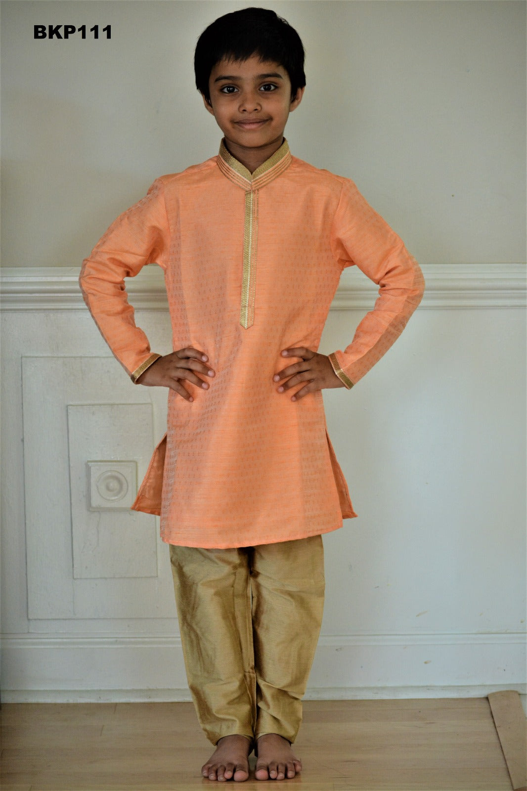 BKP111 - Peachish orange Fancy Jacquard Kurta and Pajama set