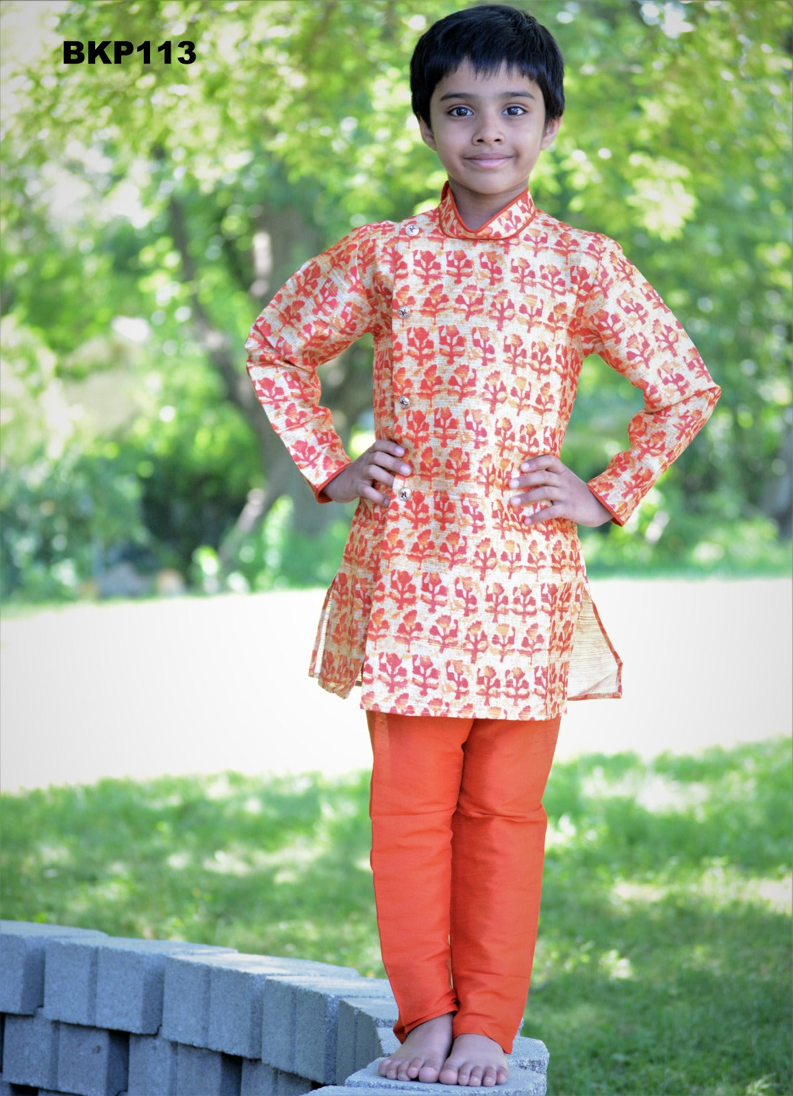BKP113 - Raw silk Orange block print Rajastani style Kurta Pajama set