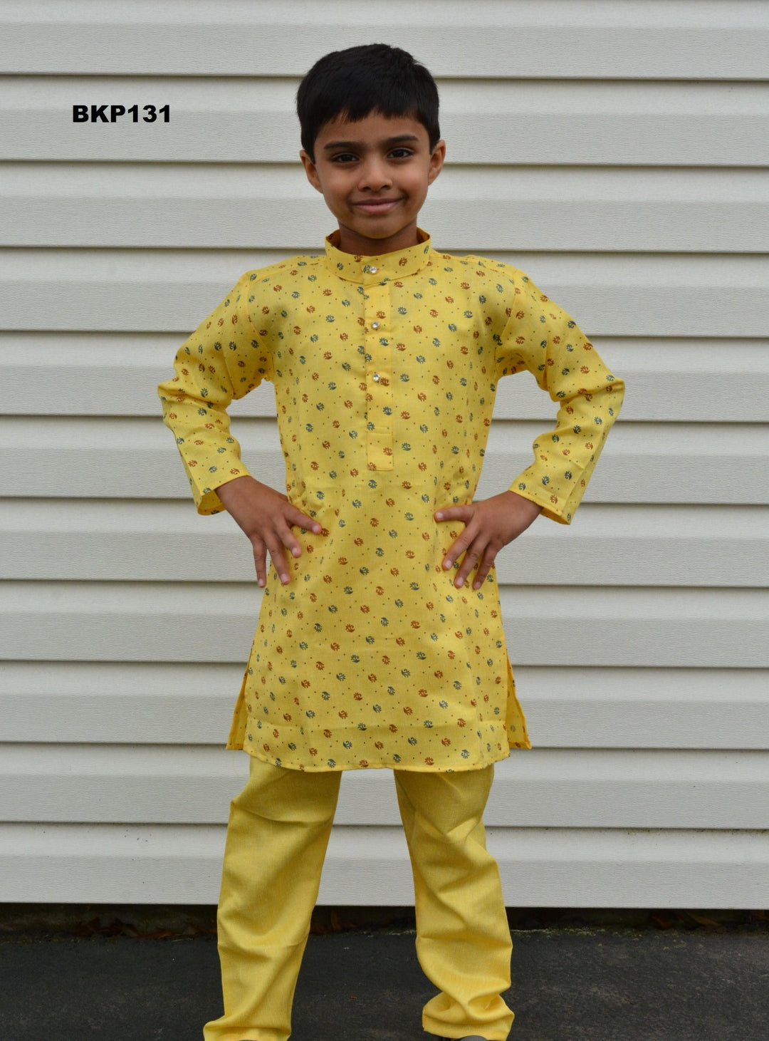 BKP131 - Soft cotton printed Lemon Yellow kids Kurta Pajama