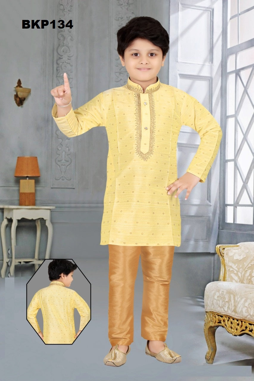 BKP159 - Mango yellow rawsilk kurta pajama set with embroidery around the neck line