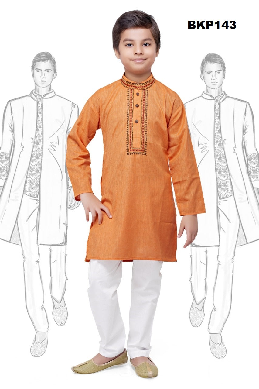 BKP143 - Orange soft Kurta Pajama Set with fine thread embroidery around the neck