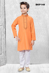 BKP148 - Pale Orange cotton kurta Pajama set with embroidered neck line