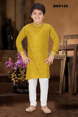 BKP156 - Pure cotton Printed Mustard Kurta pajama set with Asymmetric cut