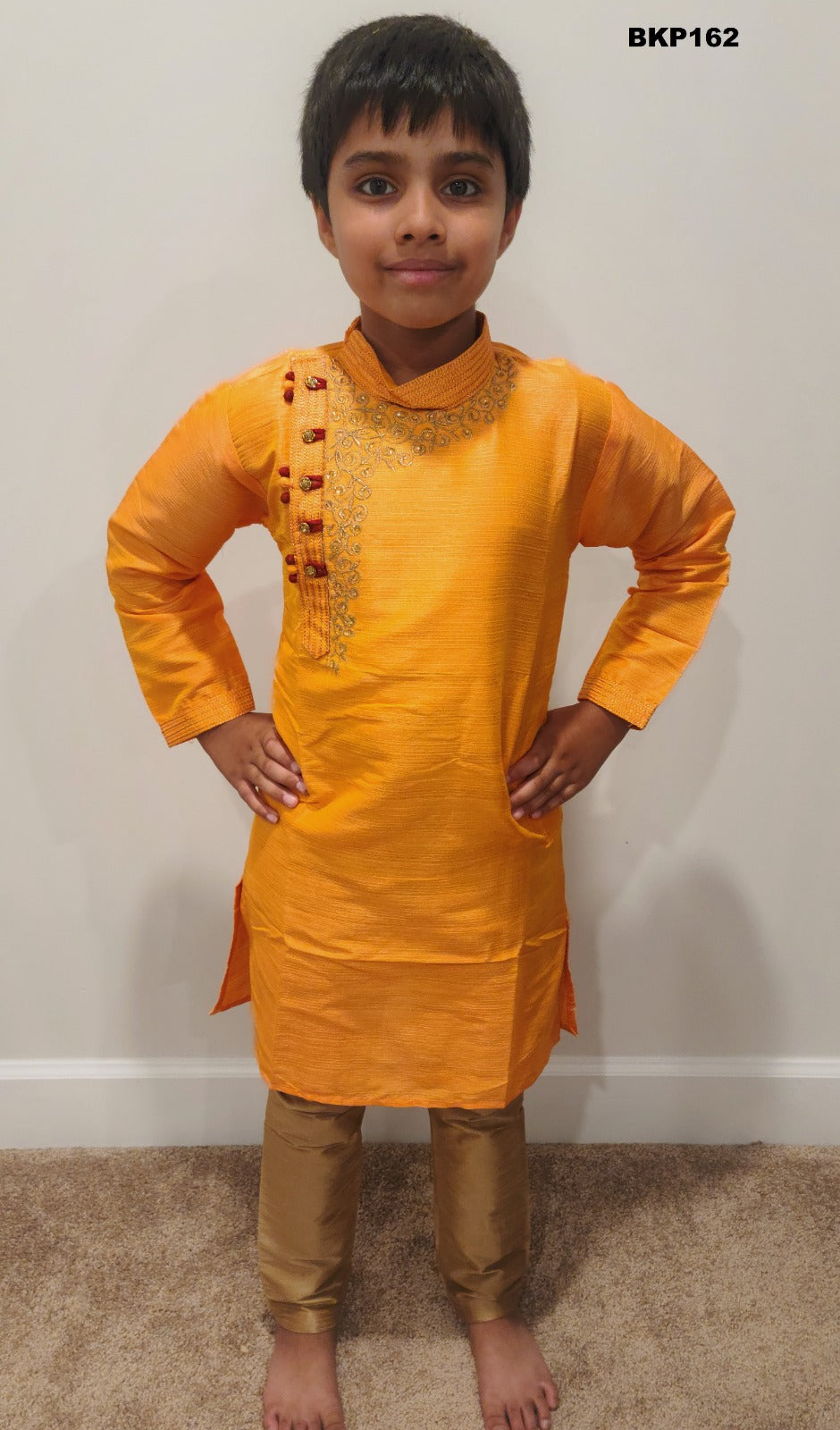 BKP162 - Orange rawsilk kurta pajama set with embroidery around the neck line