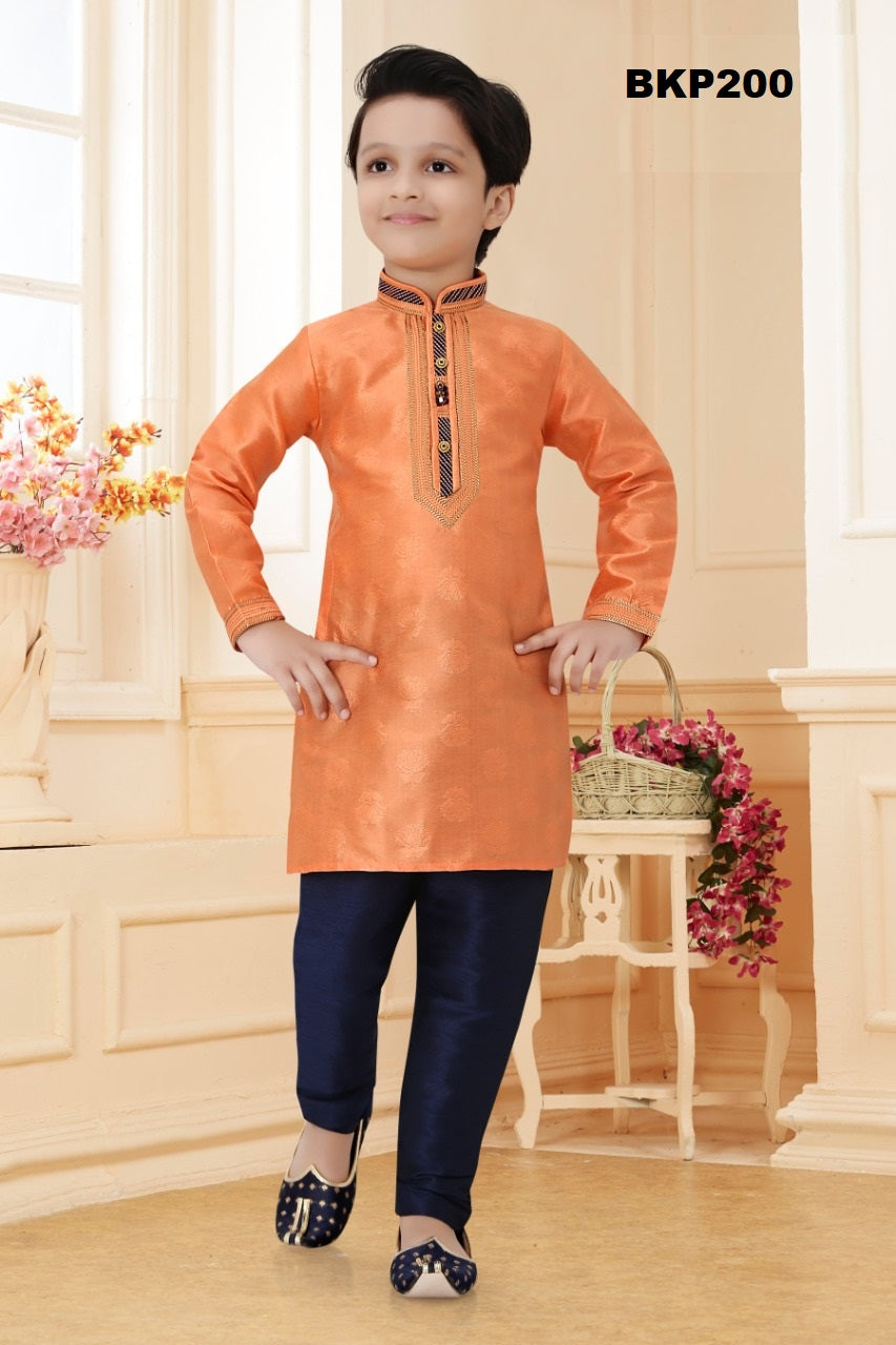 BKP200 - Boys partywear Orange and blue silk kurta pajama set
