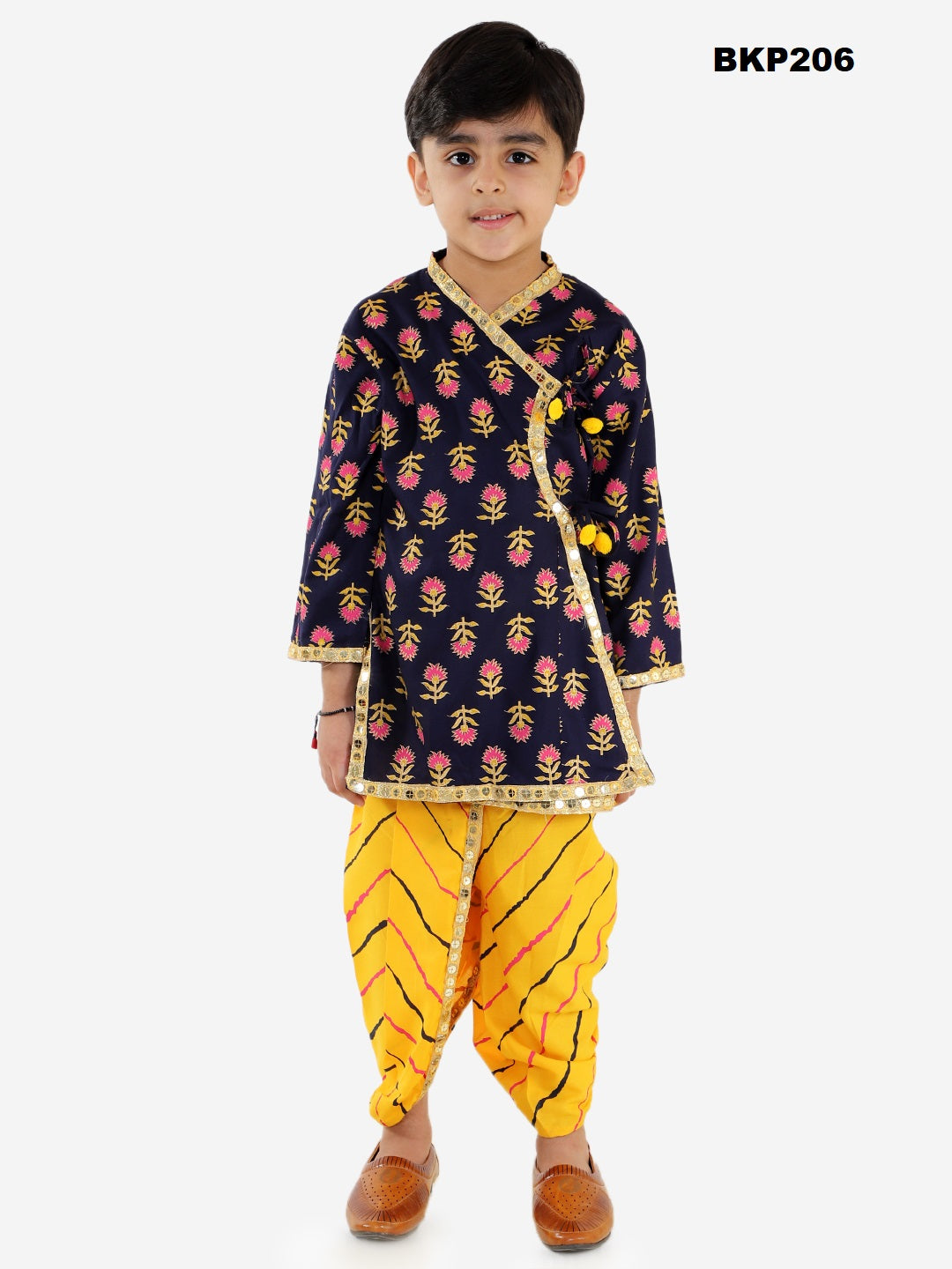 BKP206 - Rajastani block printed navyblue angrakha kurta with yellow leheriya dhoti